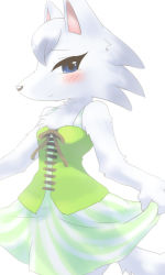 Rule 34 | 1girl, alternate costume, animal crossing, animal ears, artist request, bare shoulders, blue eyes, blush, breasts, corset, curtsey, dress, female focus, furry, furry female, green dress, looking at viewer, nintendo, no humans, shy, simple background, sleeveless, sleeveless dress, small breasts, smile, solo, source request, standing, tail, white background, whitney (animal crossing), wolf, wolf ears