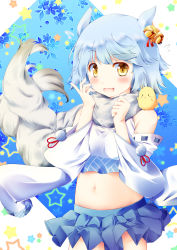 Rule 34 | 1girl, animal, animal ears, animal on shoulder, azur lane, bell, blue hair, blue skirt, chick on shoulder, cowboy shot, detached sleeves, fang, floral background, fox ears, fubuki (azur lane), hair bell, hair ornament, highres, midriff, navel, open mouth, pleated skirt, scarf, short hair, skirt, smile, star (symbol), starry background, two-tone background, white scarf, yellow eyes, yuu~