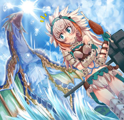 Rule 34 | armor, barioth (armor), blue eyes, boned meat, capcom, eating, food, gyahu, hammer, highres, looking back, meat, monster, monster hunter (series), monster hunter 3 g, navel, plesioth, scales, surprised, weapon, white hair