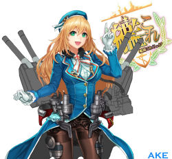 Rule 34 | 10s, 1girl, atago (kancolle), bad id, bad pixiv id, black pantyhose, blonde hair, breasts, cannon, cherrylich, daeho cha, gloves, green eyes, hat, highres, jacket, kantai collection, large breasts, long hair, military, military jacket, military uniform, open mouth, pantyhose, personification, skirt, smile, solo, turret, uniform, v, white gloves