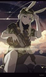 Rule 34 | 1girl, absurdres, aimpoint, american flag, animal ear fluff, animal ears, ar-15, rabbit ears, camouflage, gun, hat, highres, load bearing vest, long hair, looking at viewer, magazine (weapon), military, military hat, military uniform, nurim, original, p416, rifle, short hair with long locks, signature, sitting, uniform, weapon