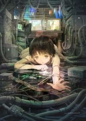 Rule 34 | 1girl, asymmetrical bangs, asymmetrical hair, brown eyes, brown hair, cable, chair, computer, crt, cyberpunk, desk, entangled, iwakura lain, looking at viewer, lying, machinery, monitor, office chair, on stomach, outstretched arm, outstretched hand, room, serial experiments lain, short hair, solo, swivel chair, texture, tokunaga akimasa, twitter username