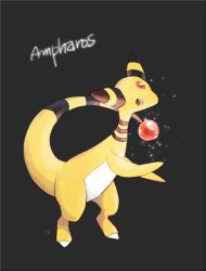 Rule 34 | ampharos, brown eyes, character name, commentary request, creatures (company), full body, game freak, gen 2 pokemon, glowing, grey background, nigiri (ngr24), nintendo, no humans, pokemon, pokemon (creature), signature, simple background, solo