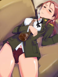 Rule 34 | 00s, 1girl, alcohol, couch, drunk, em (totsuzen no hakike), long hair, lying, minna-dietlinde wilcke, panties, red hair, solo, strike witches, underwear, uniform, world witches series