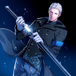 Rule 34 | 1boy, black background, blue background, capcom, coat, devil may cry, devil may cry (series), dmc: devil may cry, dutch angle, gloves, gradient background, katana, kuren, male focus, pants, sheath, solo, sword, unsheathing, vergil (dmc: devil may cry), weapon, white hair
