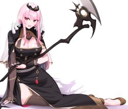 Rule 34 | 1girl, black dress, black nails, blunt bangs, breasts, capelet, cleavage, cloak, detached sleeves, dress, full body, gem, head tilt, highres, holding, hololive, hololive english, izulizuru, large breasts, long hair, mori calliope, nail polish, navel, open mouth, pink hair, scythe, shoulder spikes, simple background, solo, spikes, thighhighs, thighs, tiara, veil, virtual youtuber, white background