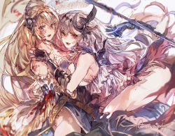Rule 34 | 2girls, absurdres, am (nmc cc), ass, bare shoulders, battle standard, blonde hair, blood, blood on breasts, blood on face, blood on clothes, blue eyes, blush, boots, breasts, camisole, collarbone, dark jeanne, dual persona, feather hair ornament, feathers, gauntlets, granblue fantasy, hair between eyes, feather hair ornament, hair ornament, hairband, highres, huge filesize, jeanne d&#039;arc (granblue fantasy), long hair, looking at viewer, medium breasts, multiple girls, open mouth, red eyes, saliva, sideboob, signature, skirt hold, tears, white hair