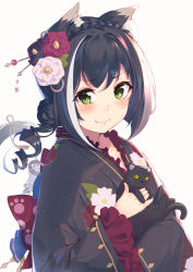 Rule 34 | 1girl, animal ears, black hair, blush, braid, cat ears, cat girl, cat tail, furisode, green eyes, highres, japanese clothes, karyl (new year) (princess connect!), karyl (princess connect!), kimono, looking at viewer, princess connect!, shimon (31426784), simple background, solo, tail, white background