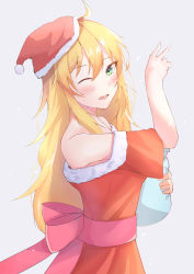 Rule 34 | 1girl, absurdres, belt, blonde hair, blush, christmas dress, christmas tree hat, green eyes, grey background, highres, hoshii miki, idolmaster, idolmaster (classic), long hair, looking at viewer, merry christmas, one eye closed, open mouth, pink belt, sellf, simple background, smile, solo, v