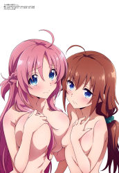 Rule 34 | 2girls, absurdres, ahoge, asymmetrical docking, blue eyes, blush, braid, breast hold, breast press, breasts, brown hair, closed mouth, collarbone, completely nude, frown, hair between eyes, hair ornament, hair scrunchie, hand on own chest, highres, kouroya sutea, large breasts, long hair, looking at viewer, megami-ryou no ryoubo-kun, megami magazine, multiple girls, nakashige shunsuke, nude, official art, pink hair, saotome atena, scan, scrunchie, simple background, small breasts, smile, topless, upper body, white background