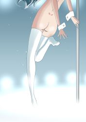 Rule 34 | 1girl, ass, black hair, dimples of venus, female focus, head out of frame, highres, lara (peroperoblue), long hair, original, pero (gessoyo), pole, pole dancing, solo, stage lights, standing, standing on one leg, thighhighs, white thighhighs