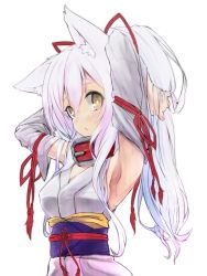 Rule 34 | 1girl, animal ears, armpits, arms up, bad id, bad pixiv id, breasts, brown eyes, collar, detached sleeves, hair ribbon, hands in hair, japanese clothes, kimino, kimono, long hair, looking at viewer, original, ponytail, red ribbon, ribbon, sakura inu, simple background, solo, white background, white hair