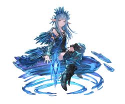 Rule 34 | 10s, 1girl, bare shoulders, black thighhighs, blue dress, blue eyes, blunt bangs, crystal, detached sleeves, dress, elbow gloves, erin (granblue fantasy), full body, gloves, granblue fantasy, hair ornament, long hair, looking at viewer, minaba hideo, pointy ears, silver hair, solo, thighhighs, transparent background