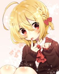 Rule 34 | 1girl, abe suke, ahoge, alternate costume, ascot, blonde hair, bow, braid, brown eyes, commentary request, finger to mouth, floral background, hair between eyes, hair bow, heart, heart-shaped pupils, highres, looking at viewer, nail polish, open mouth, red bow, rumia, short hair, signature, solo, symbol-shaped pupils, touhou, zipper pull tab