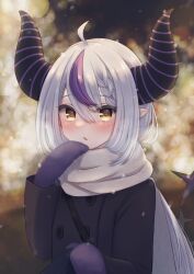 Rule 34 | 1girl, absurdres, adjusting scarf, ahoge, amami (amaama0 0), black coat, black horns, blurry, blurry background, blush, braid, coat, demon girl, demon horns, enpera, hair between eyes, highres, hololive, horns, la+ darknesss, long hair, long sleeves, looking at viewer, mittens, multicolored hair, night, open mouth, outdoors, purple hair, purple mittens, scarf, shirt tug, snowing, solo, streaked hair, upper body, virtual youtuber, white hair, white scarf, yellow eyes