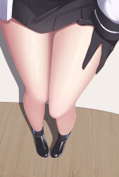 Rule 34 | 1girl, bare legs, black footwear, black gloves, black skirt, blue archive, close-up, commentary, foreshortening, from above, gloves, highres, long sleeves, lower body, skirt, solo, standing, symbol-only commentary, thighs, tr24, wooden floor, yuuka (blue archive)