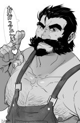 Rule 34 | 1boy, alternate costume, arm hair, bara, bare pectorals, beard, chest hair, facial hair, graves (league of legends), greyscale, hand gesture, heart, large pectorals, league of legends, looking at viewer, male focus, mature male, monochrome, muscular, muscular male, mustache, nipple slip, nipples, overalls, pectorals, rybiok, short hair, sideburns, smile, solo, stubble, thick eyebrows, translation request, upper body