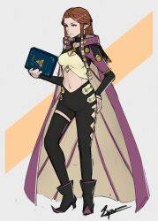 Rule 34 | 1girl, alternate costume, asymmetrical pants, black footwear, black pants, book, boots, breasts, brown hair, cape, cm lynarc, crop top, fire emblem, fire emblem engage, forehead, full body, high heel boots, high heels, highres, holding, holding book, leggings, midriff, navel, nintendo, pants, pointy ears, princess zelda, purple cape, sage outfit (fire emblem engage), single thighhigh, small breasts, solo, standing, stomach, the legend of zelda, the legend of zelda: twilight princess, thighhighs