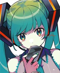 Rule 34 | 1girl, aqua eyes, aqua hair, aqua nails, bare shoulders, character name, commentary request, dot nose, eating, hair ornament, hatsune miku, headset, holding, long hair, long sleeves, machigami yoh, nail polish, shirt, signature, sleeveless, sleeveless shirt, solid state drive, solo, twintails, upper body, vocaloid, white background