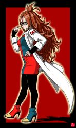 Rule 34 | 1girl, absurdres, android 21, arm warmers, black pantyhose, blue eyes, boots, breasts, brown hair, chris re5, dragon ball, dragon ball fighterz, dress, earrings, female focus, full body, glasses, high heel boots, high heels, highres, jewelry, lab coat, long hair, long sleeves, medium breasts, multicolored boots, multicolored clothes, multicolored dress, pantyhose, solo