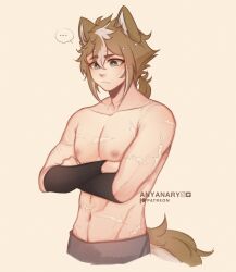 Rule 34 | ..., 1boy, animal ears, anyanary, black sleeves, brown hair, closed mouth, crossed arms, dog boy, dog ears, dog tail, genshin impact, gorou (genshin impact), grey pants, hair between eyes, highres, male focus, multicolored hair, muscular, muscular male, navel, nipples, pants, scar, solo, stomach, streaked hair, tail, topless male, white hair