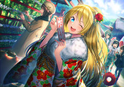 Rule 34 | 5girls, alternate costume, anchor, black hair, blonde hair, blue eyes, bokukawauso, chain, character request, coat, commentary request, day, dutch angle, enemy lifebuoy (kancolle), closed eyes, floral print, flower, fur collar, fur trim, hair flower, hair ornament, hat, holding, japanese clothes, japanese flag, jervis (kancolle), kantai collection, kimono, long hair, multiple girls, one eye closed, open mouth, outdoors, red flower, rose, shigure (kancolle), sky, smile, unowen, yukikaze (kancolle)
