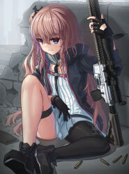 Rule 34 | 1girl, absurdres, ar-15, black footwear, black gloves, black jacket, black pantyhose, blue eyes, brick wall, brown hair, bullet, closed mouth, commentary request, dress, girls&#039; frontline, gloves, gun, hair between eyes, highres, holding, holding gun, holding weapon, jacket, long hair, looking at viewer, magazine (weapon), name connection, object namesake, one side up, open clothes, open jacket, pantyhose, rifle, shoes, single leg pantyhose, skindentation, solo, st ar-15 (girls&#039; frontline), stratosphere (coom1017), thigh strap, very long hair, weapon, white dress