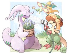 Rule 34 | breloom, claws, closed eyes, creatures (company), dragon, dragonite, flower, flygon, game freak, gen 1 pokemon, gen 3 pokemon, gen 6 pokemon, goodra, grass, holding, knhb tail, nintendo, open mouth, pokemon, pokemon (creature), scarf, sitting, smile, water