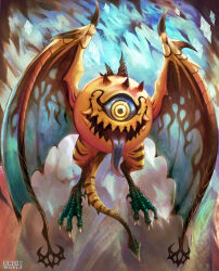 absurdres ahriman artist_name cave claws colored_tongue final_fantasy flying highres horns monster no_humans one-eyed open_mouth purple_tongue scales sharp_teeth spiked_wings spikes tail teeth tongue tongue_out uchi_vs_the_world wings yellow_eyes