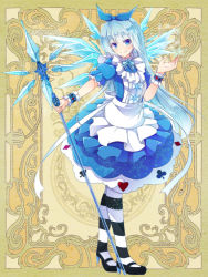 Rule 34 | 1girl, blue eyes, blue hair, dennryuurai, dress, frills, ice, ice wings, long hair, mary janes, matching hair/eyes, pantyhose, psychic hearts, shoes, solo, staff, striped clothes, striped pantyhose, wings
