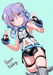 Rule 34 | 1girl, aqua background, black gloves, blue eyes, breasts, commentary request, cowboy shot, double v, fingerless gloves, garter straps, gloves, hair ornament, hair ribbon, highres, kantai collection, langley (kancolle), medium hair, navel, panties, pencil skirt, puddinghomhom, purple hair, ribbon, shirt, side slit, skindentation, skirt, sleeveless, sleeveless shirt, small breasts, solo, underwear, v, white panties, white shirt