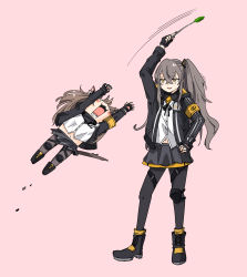 Rule 34 | 2girls, :3, animal ear fluff, animal ears, arm up, armband, arms up, artist name, black footwear, black gloves, black jacket, black neckwear, black pantyhose, black skirt, blush stickers, boots, brown eyes, brown hair, cat ears, cat tail, cat teaser, chibi, citron80citron, commentary request, cross-laced footwear, crossed bangs, fangs, fingerless gloves, full body, girls&#039; frontline, gloves, grey hair, hair between eyes, hair ornament, hand on own hip, highres, hood, hood down, hooded jacket, jacket, jumping, kemonomimi mode, knee pads, lace-up boots, long hair, long sleeves, looking at another, miniskirt, multiple girls, navel, neck ribbon, one side up, open clothes, open jacket, open mouth, pantyhose, pink background, pleated skirt, ribbon, scar, scar across eye, scar on face, shirt, sidelocks, simple background, single knee pad, skirt, standing, tail, ump45 (girls&#039; frontline), ump9 (girls&#039; frontline), white shirt