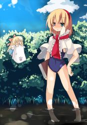 Rule 34 | 1girl, alice margatroid, bad id, bad pixiv id, barefoot, blonde hair, blue eyes, book, bow, cameltoe, cape, doll, feet, female focus, hair bow, hairband, kotomuke fuurin, nature, one-piece swimsuit, outdoors, plant, pogemuta, school swimsuit, shanghai doll, short hair, sky, solo, swimsuit, swimsuit under clothes, touhou, towel, wading, water
