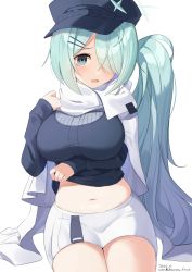 Rule 34 | 1girl, aqua hair, blue archive, blue eyes, blue hair, blue hat, blue sweater, breasts, dated, gradient hair, hair ornament, hair over one eye, hairclip, hat, highres, hirota fruit, hiyori (blue archive), large breasts, long hair, long sleeves, looking at viewer, midriff, multicolored hair, navel, scarf, shorts, side ponytail, simple background, sitting, solo, sweater, tears, thighs, twitter username, white background, white scarf, white shorts