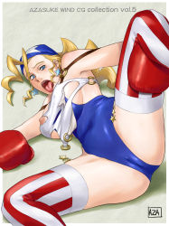 Rule 34 | azasuke, bandana, blonde hair, blue eyes, boxing gloves, breasts, covered erect nipples, highres, justice gakuen, large breasts, open mouth, spread legs, thighhighs, tiffany lords, tongue, torn clothes