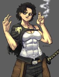 Rule 34 | 1girl, absurdres, bare shoulders, black clover, black hair, breasts, cape, cigarette, denim, disgust, female focus, genderswap, genderswap (mtf), highres, jeans, katana, large breasts, looking to the side, pants, solo, sword, tank top, thick thighs, thighs, tight clothes, weapon, yami sukehiro, yellow eyes