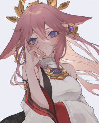 Rule 34 | 1girl, animal ears, blush, breasts, commentary request, detached sleeves, earrings, floral print, fox ears, fox shadow puppet, genshin impact, grey background, hair between eyes, highres, japanese clothes, jewelry, large breasts, long hair, mei (maple 152), miko, parted lips, pink hair, purple eyes, simple background, solo, upper body, wide sleeves, yae miko