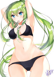 Rule 34 | 1girl, absurdres, alternate hairstyle, armpits, arms up, artist name, bare arms, bare shoulders, bikini, black bikini, blue eyes, blush, breasts, commentary request, frog hair ornament, gluteal fold, green hair, groin, hair between eyes, hair ornament, hair tie, hair tie in mouth, heart, highres, kochiya sanae, long hair, looking at viewer, medium breasts, mouth hold, navel, nenobi (nenorium), ponytail, revision, sidelocks, signature, simple background, smile, snake hair ornament, solo, stomach, swimsuit, thighs, touhou, translated, tying hair, very long hair, white background