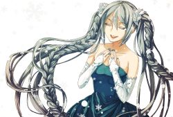 Rule 34 | 1girl, braid, bridal gauntlets, closed eyes, green hair, hands on own chest, hatsune miku, highres, long hair, matsuki (mikipingpong), nail polish, open mouth, simple background, snowflakes, solo, twin braids, twintails, very long hair, vocaloid, white background