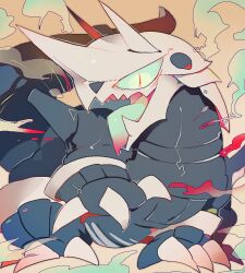 Rule 34 | aggron, akadako, animal focus, aqua eyes, bags under eyes, claws, creatures (company), game freak, gen 3 pokemon, looking at viewer, nintendo, no humans, open mouth, orange background, pokemon, pokemon (creature), red pupils, sharp teeth, slit pupils, smoke, solo, standing, teeth, tongue, tongue out