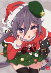 Rule 34 | 1girl, :p, ahoge, akanbe, akebono (kancolle), capelet, eyelid pull, finger to eye, hair ornament, hat, kantai collection, long hair, purple eyes, purple hair, red capelet, santa costume, santa hat, side ponytail, solo, stuffed animal, stuffed cat, stuffed toy, sumeragi hamao, thighhighs, tongue, tongue out, very long hair