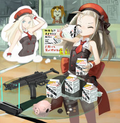 Rule 34 | 1girl, ^ ^, aged up, belt pouch, beret, blonde hair, blue eyes, bow, buttons, closed eyes, coin, commentary request, double-breasted, dress, drinking, facing viewer, fingernails, flat chest, girls&#039; frontline, glass table, gun, h&amp;k mp5, hat, hat bow, highres, holding, imagining, kalina (girls&#039; frontline), kesomaru, long hair, milk, milk carton, mp5 (girls&#039; frontline), necktie, piggy bank, pouch, red hat, red necktie, ribbon, short necktie, sleeveless, sleeveless dress, solo, submachine gun, table, thought bubble, translation request, weapon, wrist ribbon