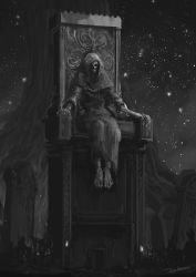 Rule 34 | corpse, death, elden ring, greyscale, highres, hood, hood up, monochrome, no humans, outdoors, scenery, signature, sky, spoilers, star (sky), starry sky, throne, tree, tripdancer