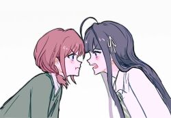 Rule 34 | 2girls, articularm, awa subaru, black hair, blue eyes, closed mouth, commentary, eye contact, girls band cry, green necktie, green shirt, hair ribbon, hashtag-only commentary, highres, iseri nina, leaning forward, looking at another, multiple girls, necktie, open mouth, purple eyes, red hair, ribbon, school uniform, shirt, short twintails, simple background, twintails, upper body, v-shaped eyebrows, white background, white ribbon, white shirt