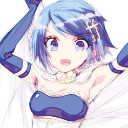 Rule 34 | 1girl, :d, armpits, bad id, bad twitter id, bare shoulders, blue eyes, blue hair, breasts, cape, detached sleeves, eyes visible through hair, fortissimo, frilled shirt, frills, hair ornament, highres, mahou shoujo madoka magica, mahou shoujo madoka magica (anime), miki sayaka, miki sayaka (magical girl), misteor, musical note, musical note hair ornament, open mouth, shirt, short hair, sketch, small breasts, smile, solo, swept bangs, upper body, white background