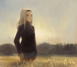Rule 34 | 10s, 1girl, aleksandra i. pokryshkin, black eyes, blonde hair, blurry, brave witches, dated, field, hairband, highres, hill, kanokoga, long hair, looking afar, signature, sketch, skirt, sky, solo, strike witches, sunset, uniform, world witches series