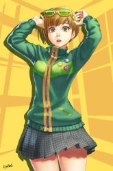 Rule 34 | 1girl, arms up, badge, breasts, brown eyes, brown hair, button badge, cowboy shot, eyewear on head, glasses, green jacket, grey skirt, highres, holding, holding removed eyewear, jacket, kikino, light brown hair, lips, long sleeves, looking at viewer, medium breasts, multicolored clothes, multicolored jacket, open mouth, parted lips, persona, persona 4, pleated skirt, pocket, raised eyebrows, satonaka chie, short hair, skirt, sleeve cuffs, solo, striped clothes, striped jacket, surprised, swept bangs, teeth, thighs, tomboy, track jacket, turtleneck, turtleneck jacket, two-tone jacket, unworn eyewear, upper teeth only, yellow background, zipper