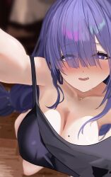 Rule 34 | 1girl, absurdres, azur lane, black shirt, blush, breasts, cleavage, heart, heart-shaped pupils, highres, large breasts, long hair, looking at viewer, mogador (azur lane), mole, mole on breast, no bra, open mouth, purple eyes, purple hair, reaching, reaching towards viewer, selfie, shirt, solo, sweat, symbol-shaped pupils, very long hair, zhanggong