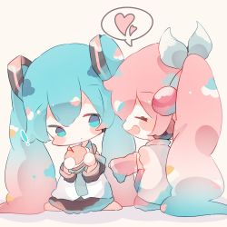 Rule 34 | !, 2girls, aqua eyes, aqua hair, aqua necktie, black skirt, black sleeves, blush stickers, burger, cherry hair ornament, chibi, closed eyes, commentary, detached sleeves, dual persona, flag, food, food-themed hair ornament, fuyuzuki gato, hair ornament, hatsune miku, heart, highres, holding, holding food, long hair, looking at another, multiple girls, necktie, pink hair, pink neckwear, pink skirt, sakura miku, shirt, sitting, skirt, sleeveless, sleeveless shirt, smile, speech bubble, twintails, very long hair, vocaloid, white shirt