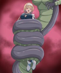 Rule 34 | 1girl, absurdres, black pantyhose, blonde hair, breasts, capelet, closed eyes, commission, earrings, grey footwear, hairband, heavy breathing, highres, jewelry, lamia, large breasts, low twintails, mitsuba greyvalley, monster girl, open mouth, pantyhose, peril, pixiv commission, ryona, strangling, super robot wars, super robot wars 30, tokiburo, torn clothes, triangle earrings, twintails, white capelet, white hairband